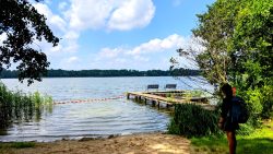 Kleiner Strand mit Bootsanleger am Zeesener See, Pause auf den Bänken