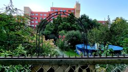 Jakobsweg Nord-Süd, Pankeweg, Gartenidyllle mit Hochhaus im Hintergrund